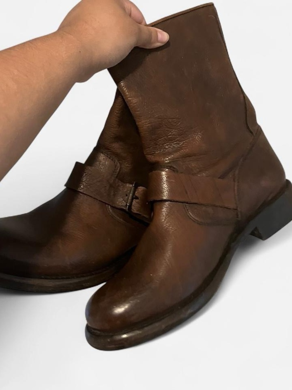 Frye Brown Leather Harness Lace-Up Boots